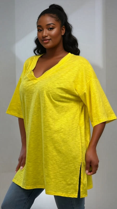 plus size μπλούζα κοντομάνικη με V & ανοίγματα στο πλάι