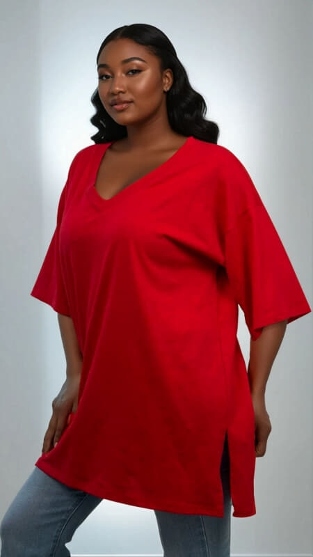 plus size μπλούζα κοντομάνικη με V & ανοίγματα στο πλάι