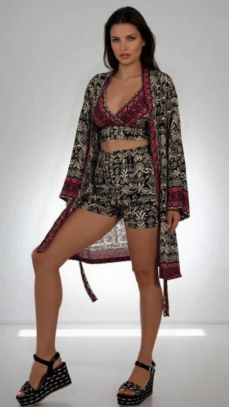 σετ 3 τεμαχίων boho σορτσάκι με τσέπες τοπάκι και κιμονό με ζώνη