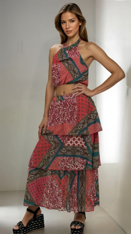 σετ boho φούστα με βολάν & τοπάκι δετό στο λαιμό