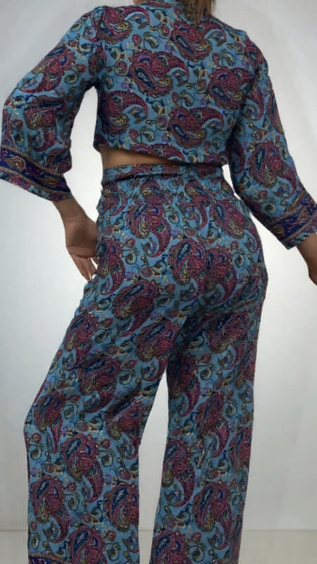 σετ boho παντελόνα με λάστιχο φαρδύ σφηκοφωλιά & ζακετάκι δετό