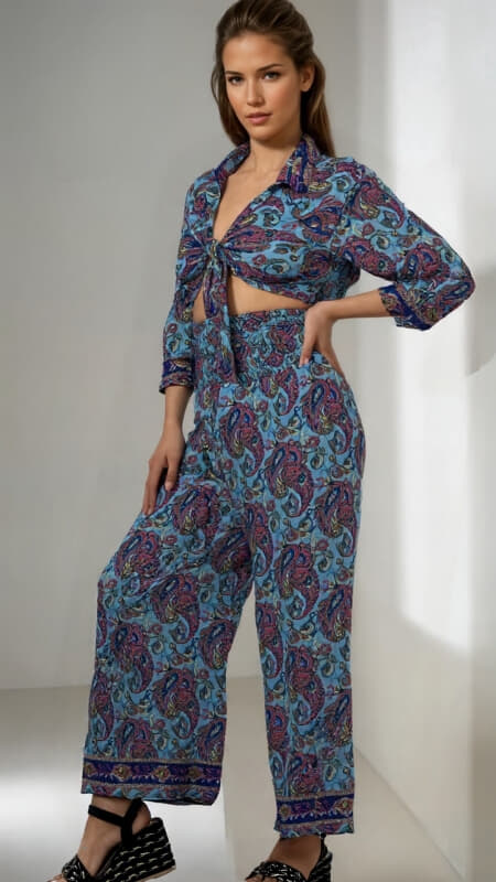 σετ boho παντελόνα με λάστιχο φαρδύ σφηκοφωλιά & ζακετάκι δετό