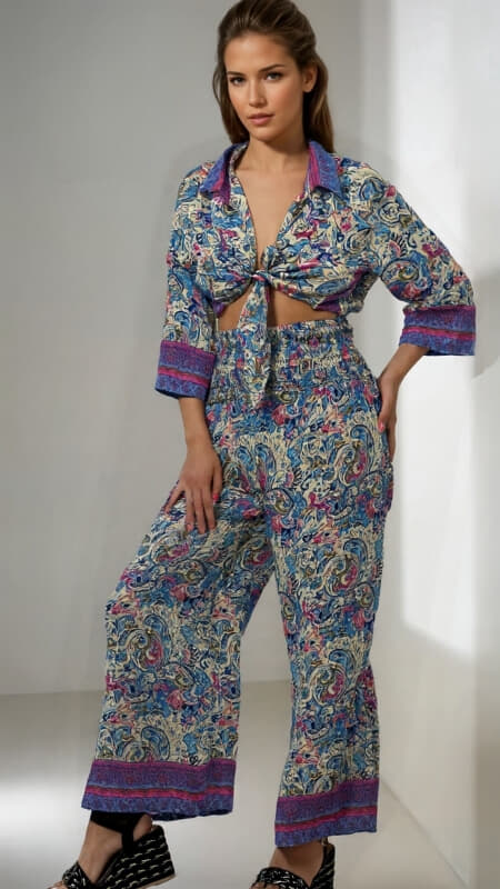 σετ boho παντελόνα με λάστιχο φαρδύ σφηκοφωλιά & ζακετάκι δετό