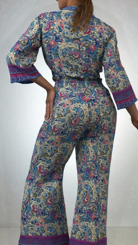 σετ boho παντελόνα με λάστιχο φαρδύ σφηκοφωλιά & ζακετάκι δετό