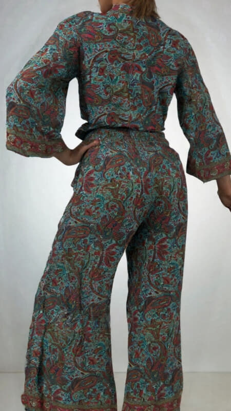 σετ boho παντελόνα με λάστιχο φαρδύ σφηκοφωλιά & ζακετάκι δετό