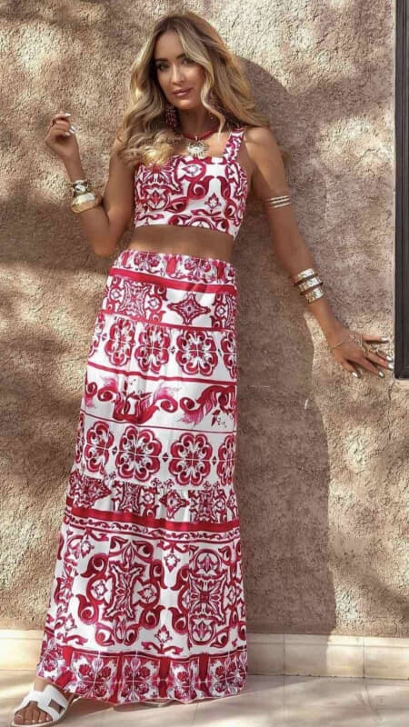 σετ boho τοπάκι με χοντρή τιράντα & maxi φούστα