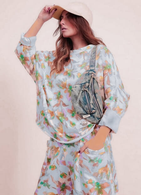 σετ floral μπλούζα ασύμμετρη & παντελόνι τύπου σαλβάρι