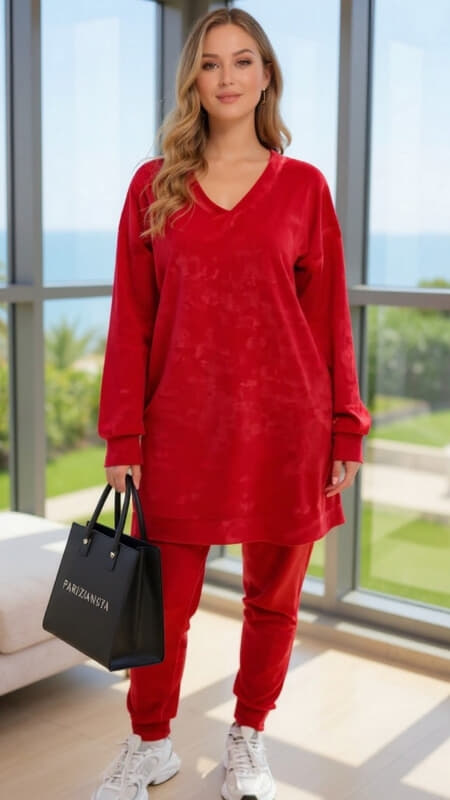 σετ φόρμες βελουτέ oversize μπλούζα μακριά & παντελόνι με λάστιχο στο τελείωμα