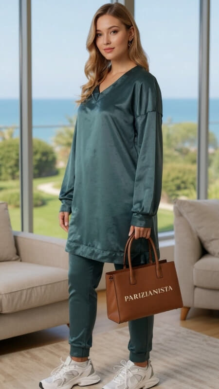 σετ φόρμες βελουτέ oversize μπλούζα μακριά & παντελόνι με λάστιχο στο τελείωμα