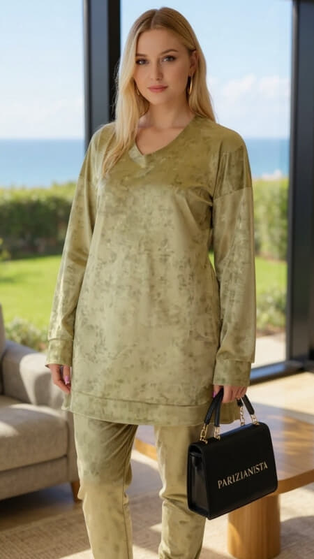 σετ φόρμες βελουτέ oversize μπλούζα μακριά & παντελόνι με λάστιχο στο τελείωμα