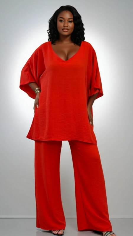 plus size σετ παντελόνα με μπλούζα V