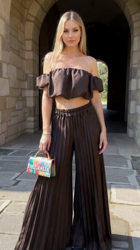 σετ παντελόνα  πλισέ  με crop top