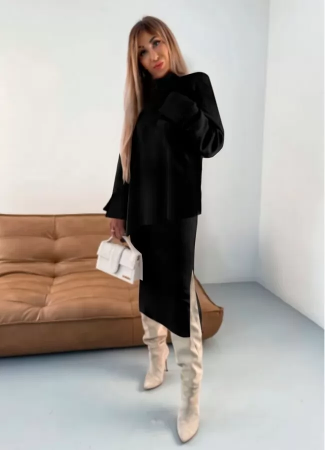 Parizianista σετ πλεκτή φούστα midi με σκίσιμο & μπλούζα ζιβάγκο ασύμμετρη - Μαύρο