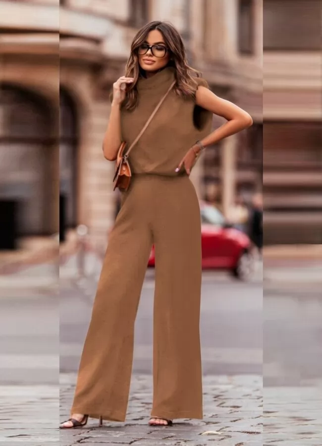 Parizianista σετ πλεκτό παντελόνι & μπλούζα αμάνικη ζιβάγκο με βάτες - Μπεζ