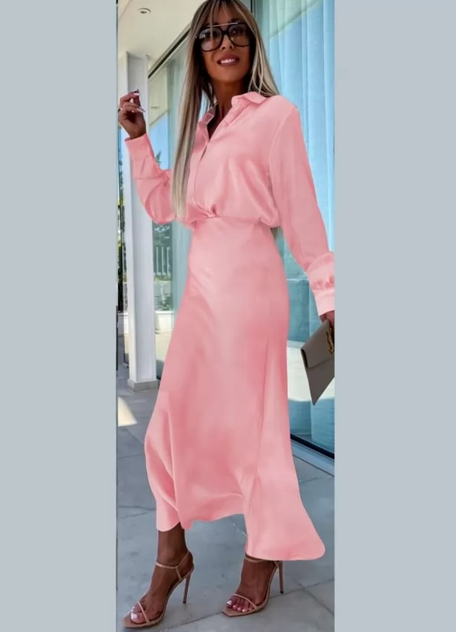 ΑΡΧΙΚΗ > ΠΡΟΪΟΝΤΑ > ΣΕΤ σετ σατινέ φούστα maxi κλος με λάστιχο στη μέση & πουκάμισο με κουμπιά - Ροζ