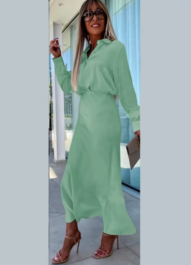 ΑΡΧΙΚΗ > ΠΡΟΪΟΝΤΑ > ΣΕΤ σετ σατινέ φούστα maxi κλος με λάστιχο στη μέση & πουκάμισο με κουμπιά - Πράσινο