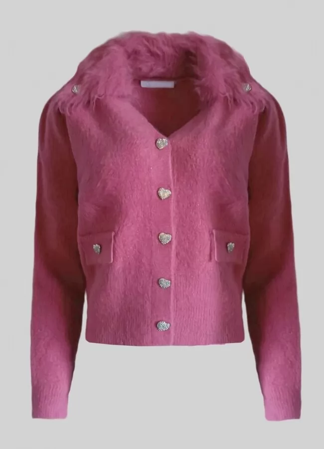 Parizianista ζακέτα πλέκτή με πούπουλα στο γιακά & κουμπιά καρδούλες - Ροζ